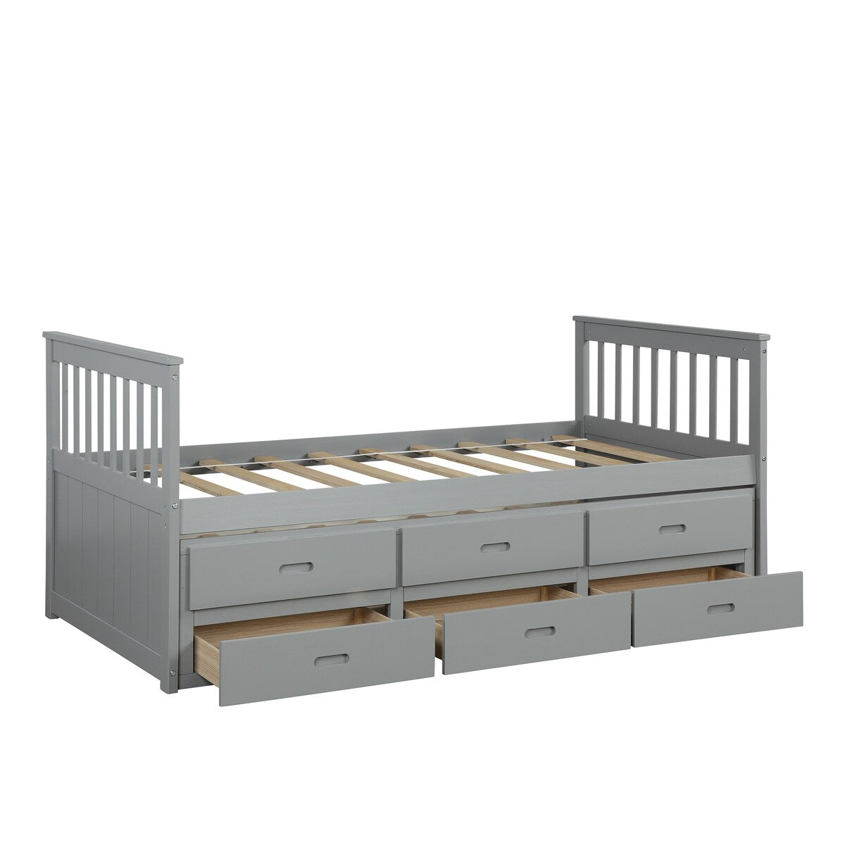 Solid Wood Captain Bed with Trundle and Drawers, Gray