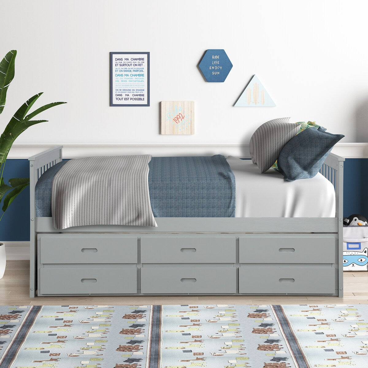 Solid Wood Captain Bed with Trundle and Drawers, Gray