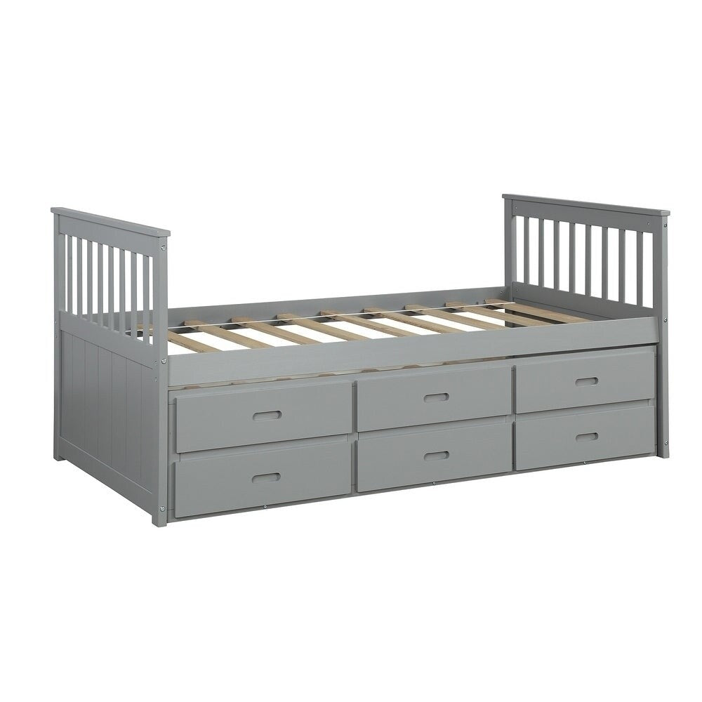 Solid Wood Captain Bed with Trundle and Drawers, Gray