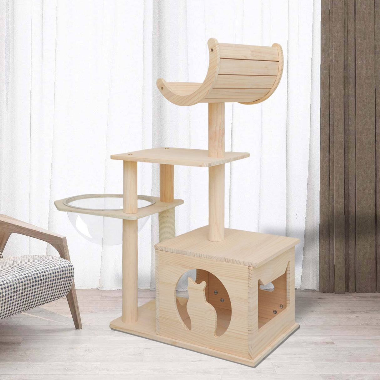 Solid Wood Cat Tower Cat Tree Cat Condo With Space Capsule Nest Cat Furniture Activity Centre