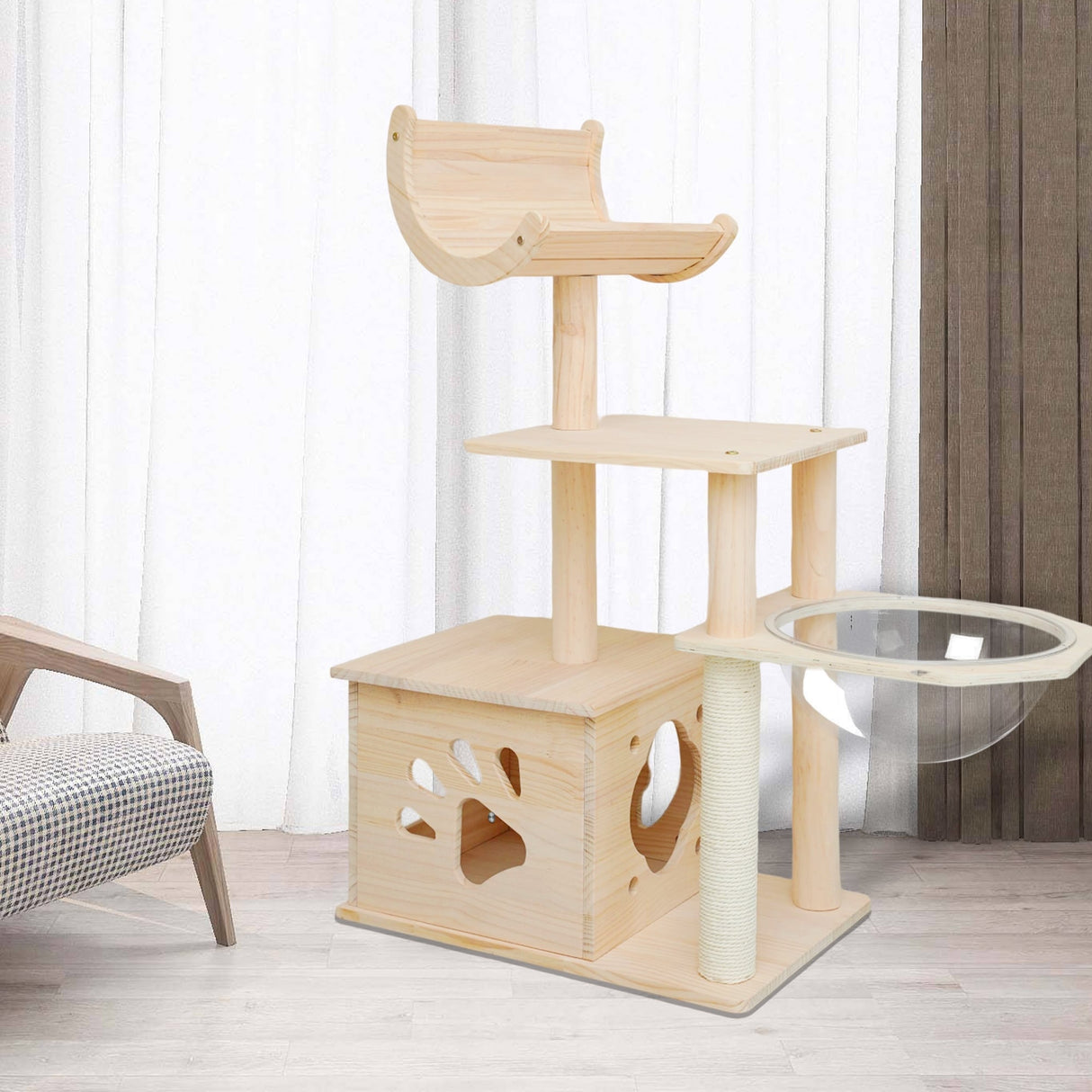 Solid Wood Cat Tower Cat Tree Cat Condo With Space Capsule Nest Cat Furniture Activity Centre