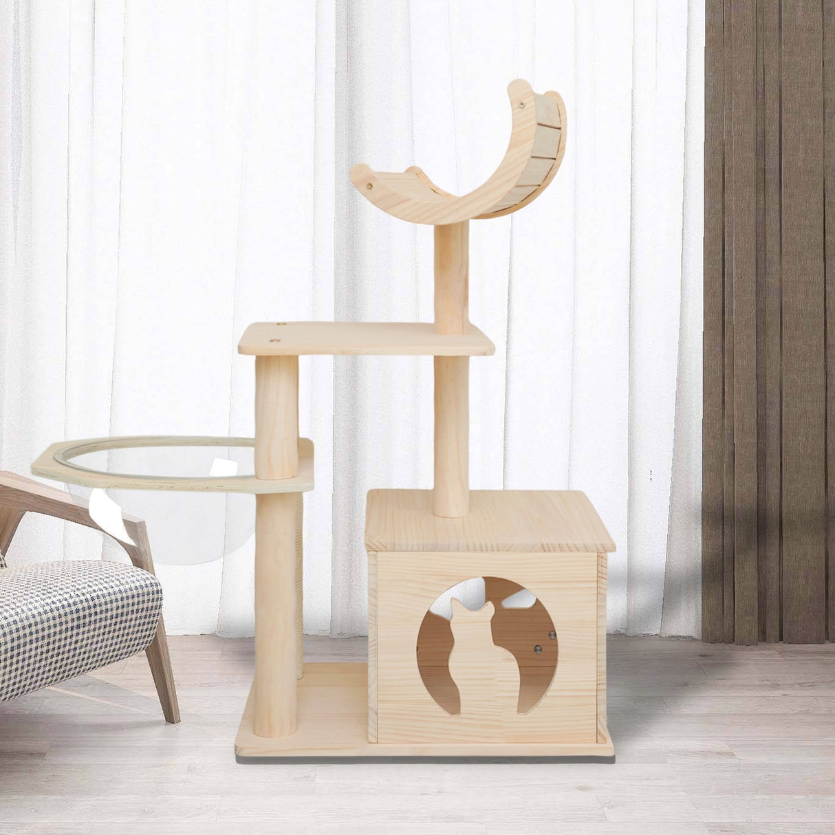Solid Wood Cat Tower Cat Tree Cat Condo With Space Capsule Nest Cat Furniture Activity Centre