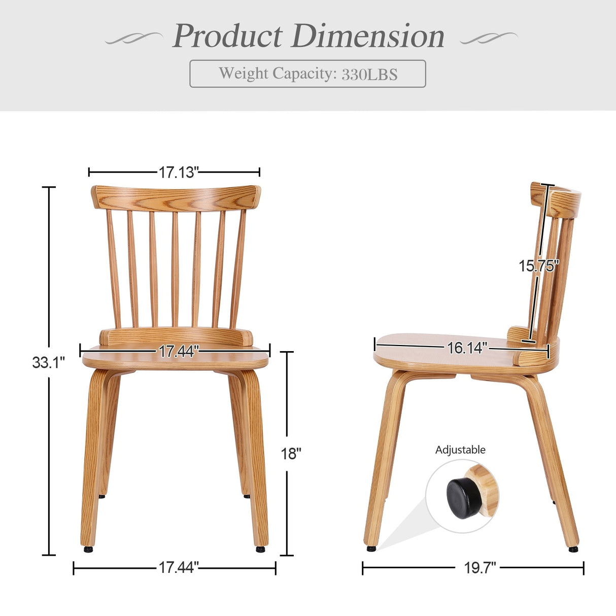 Solid Wood Spindle Back Windsor Dining Chairs, Set of 2 - 17.44" (W) x 19.7" (D) x 33.1" (H)