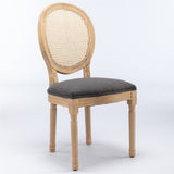 Solid Wood Frame Antique Painting Linen Fabric Rattan Back Dining Chair Set of 2