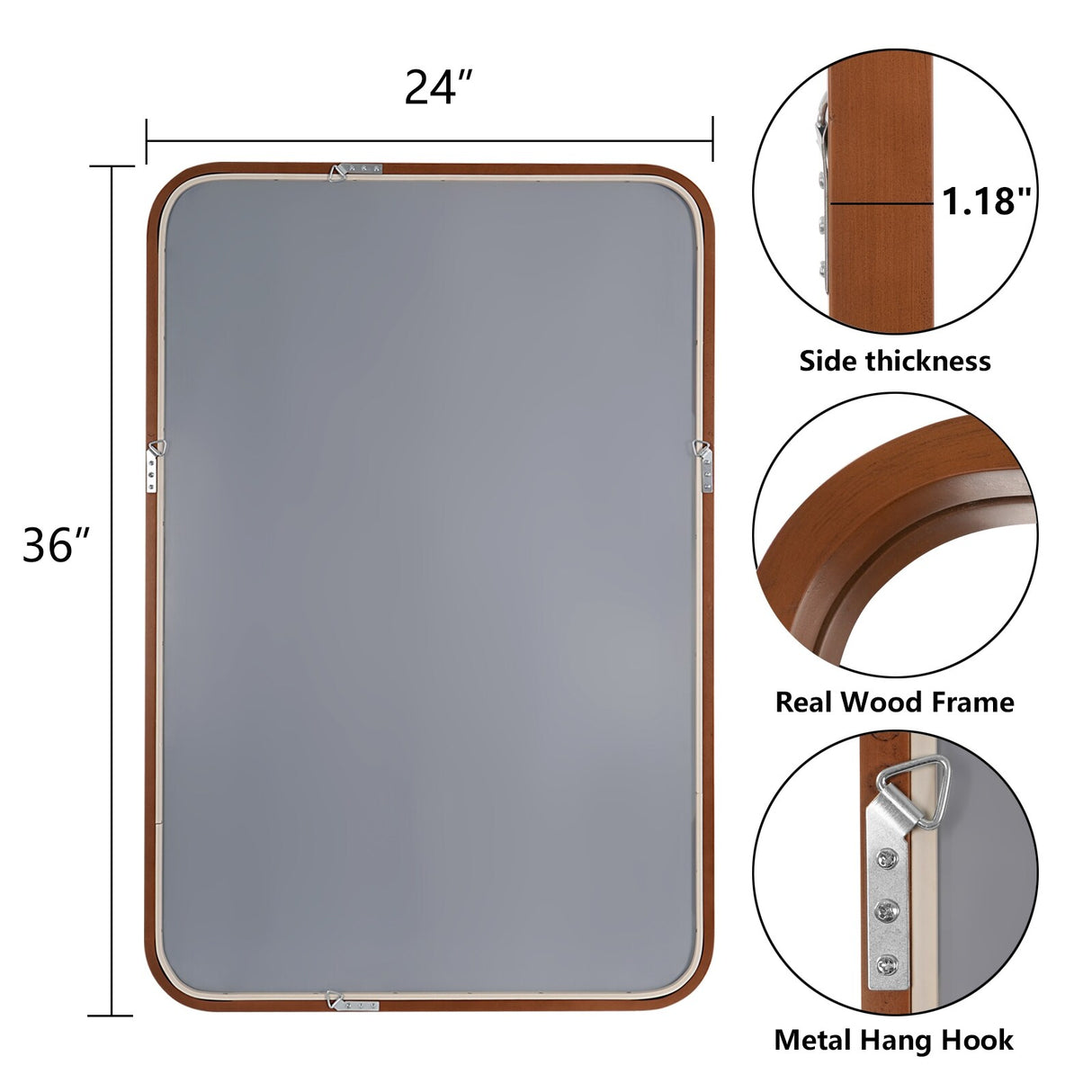 Solid Wood Frame Round Corner Rectangle Farmhouse Wall Mirror