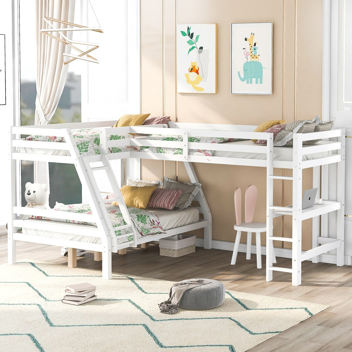 Solid Wood L-Shaped Twin over Full Bunk Bed and Twin Size Loft Bed with Built-in Desk and Safety Guardrail - Kids' Furniture