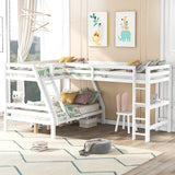 Solid Wood L-Shaped Twin over Full Bunk Bed and Twin Size Loft Bed with Built-in Desk and Safety Guardrail - Kids' Furniture