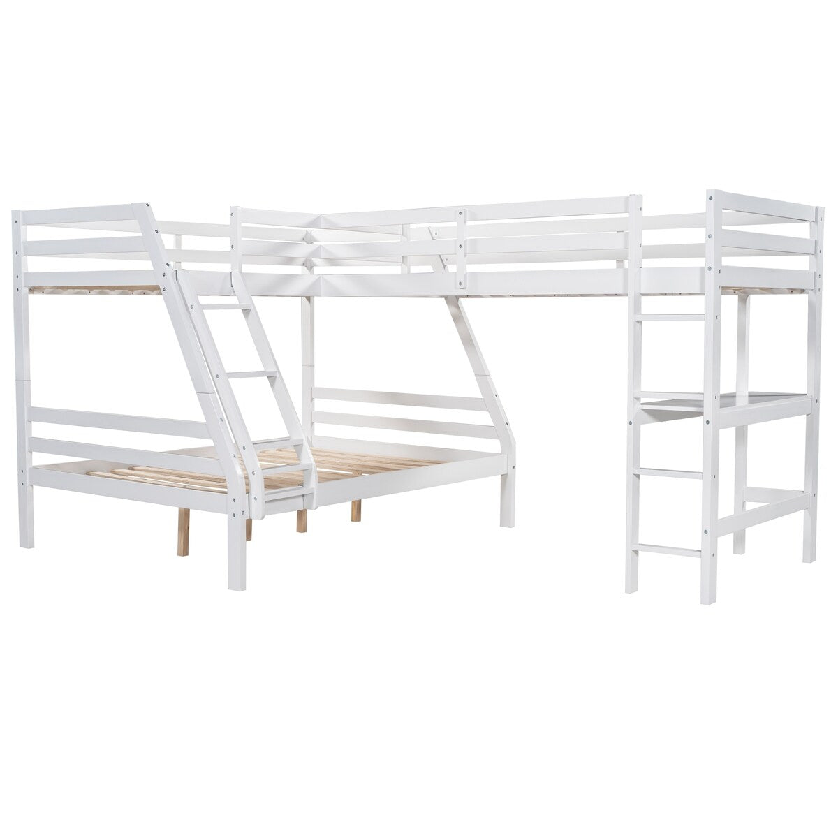 Solid Wood L-Shaped Twin over Full Bunk Bed and Twin Size Loft Bed with Built-in Desk and Safety Guardrail - Kids' Furniture