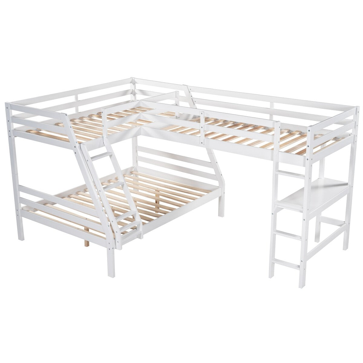 Solid Wood L-Shaped Twin over Full Bunk Bed and Twin Size Loft Bed with Built-in Desk and Safety Guardrail - Kids' Furniture