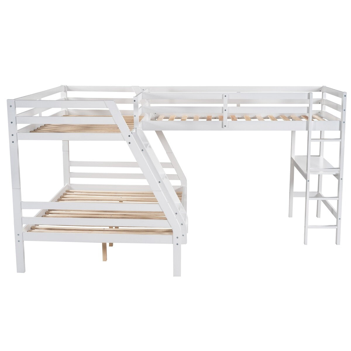 Solid Wood L-Shaped Twin over Full Bunk Bed and Twin Size Loft Bed with Built-in Desk and Safety Guardrail - Kids' Furniture