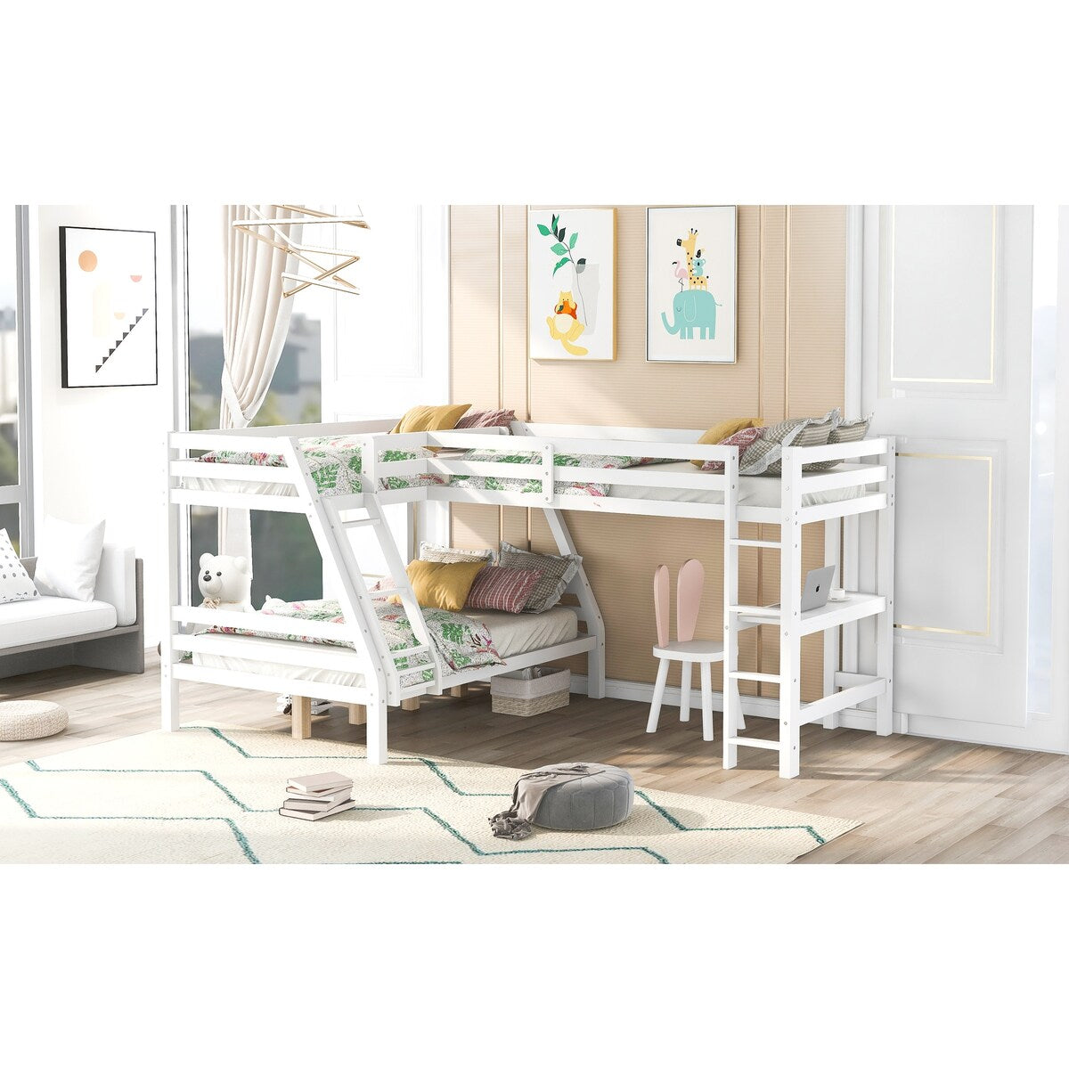 Solid Wood L-Shaped Twin over Full Bunk Bed and Twin Size Loft Bed with Built-in Desk and Safety Guardrail - Kids' Furniture