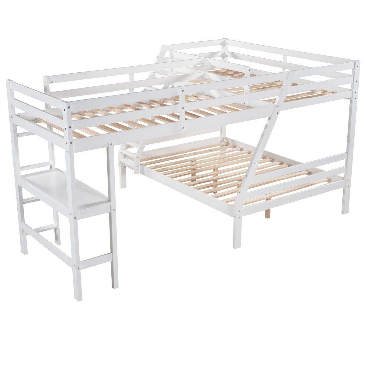 Solid Wood L-Shaped Twin over Full Bunk Bed and Twin Size Loft Bed with Built-in Desk and Safety Guardrail - Kids' Furniture