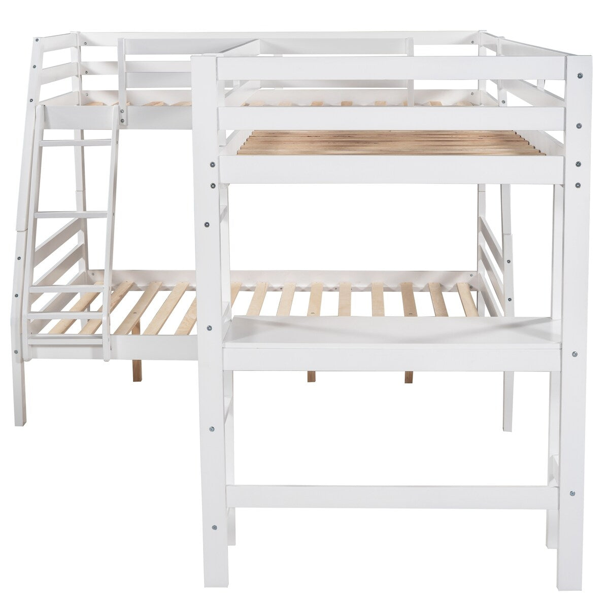 Solid Wood L-Shaped Twin over Full Bunk Bed and Twin Size Loft Bed with Built-in Desk and Safety Guardrail - Kids' Furniture