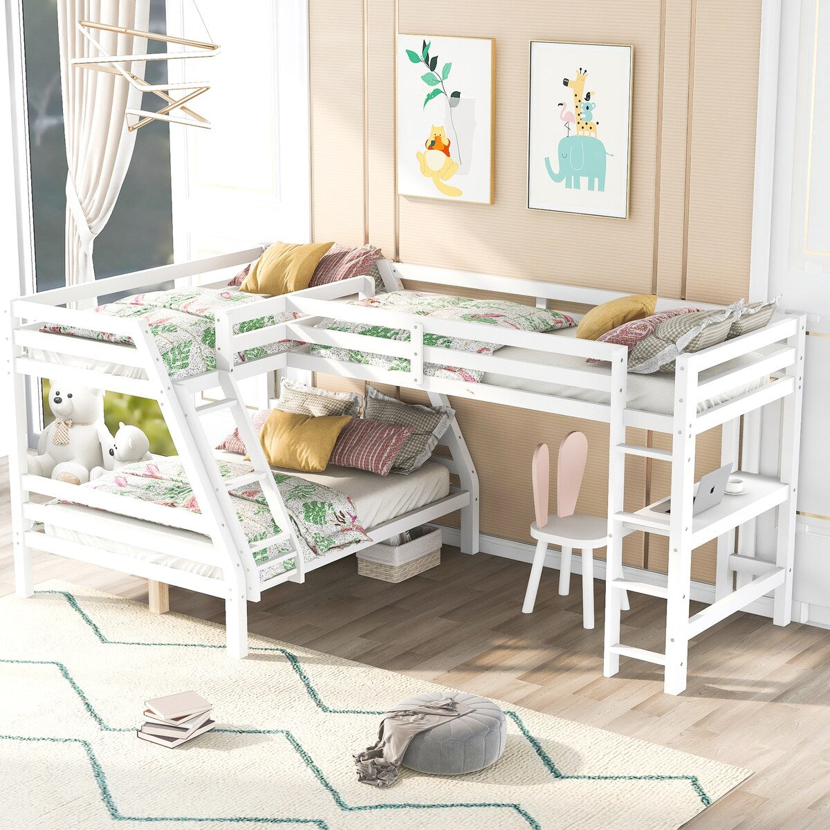 Solid Wood L-Shaped Twin over Full Bunk Bed and Twin Size Loft Bed with Built-in Desk and Safety Guardrail - Kids' Furniture