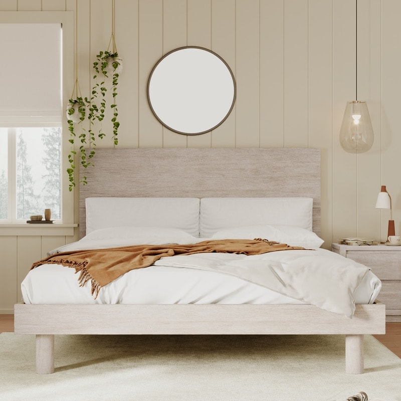 Solid Wood Queen Size Grain Platform Bed Frame,Stone Gray