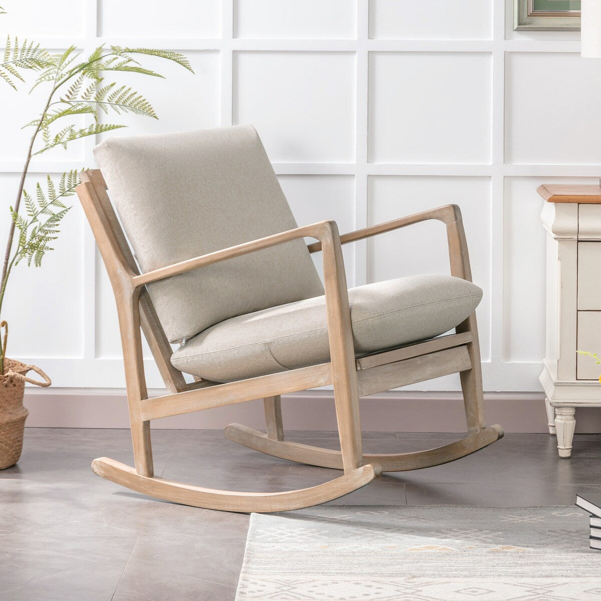 Solid Wood Rocking Chair Nursery Chair, Linen Fabric Upholstered Comfy Accent Chair for Porch, Garden Patio, Balcony