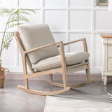 Solid Wood Rocking Chair Nursery Chair, Linen Fabric Upholstered Comfy Accent Chair for Porch, Garden Patio, Balcony