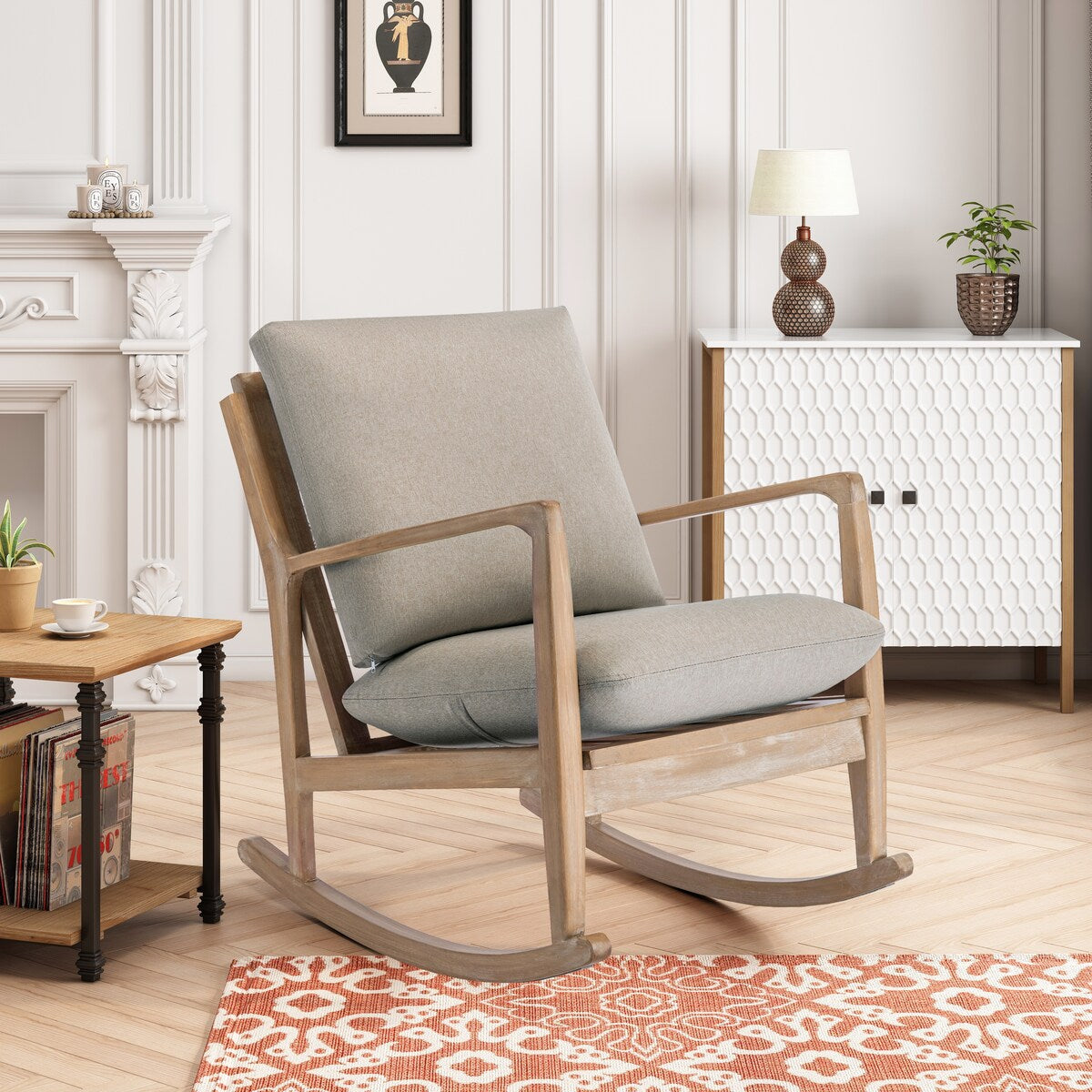 Solid Wood Rocking Chair Nursery Chair, Linen Fabric Upholstered Comfy Accent Chair for Porch, Garden Patio, Balcony