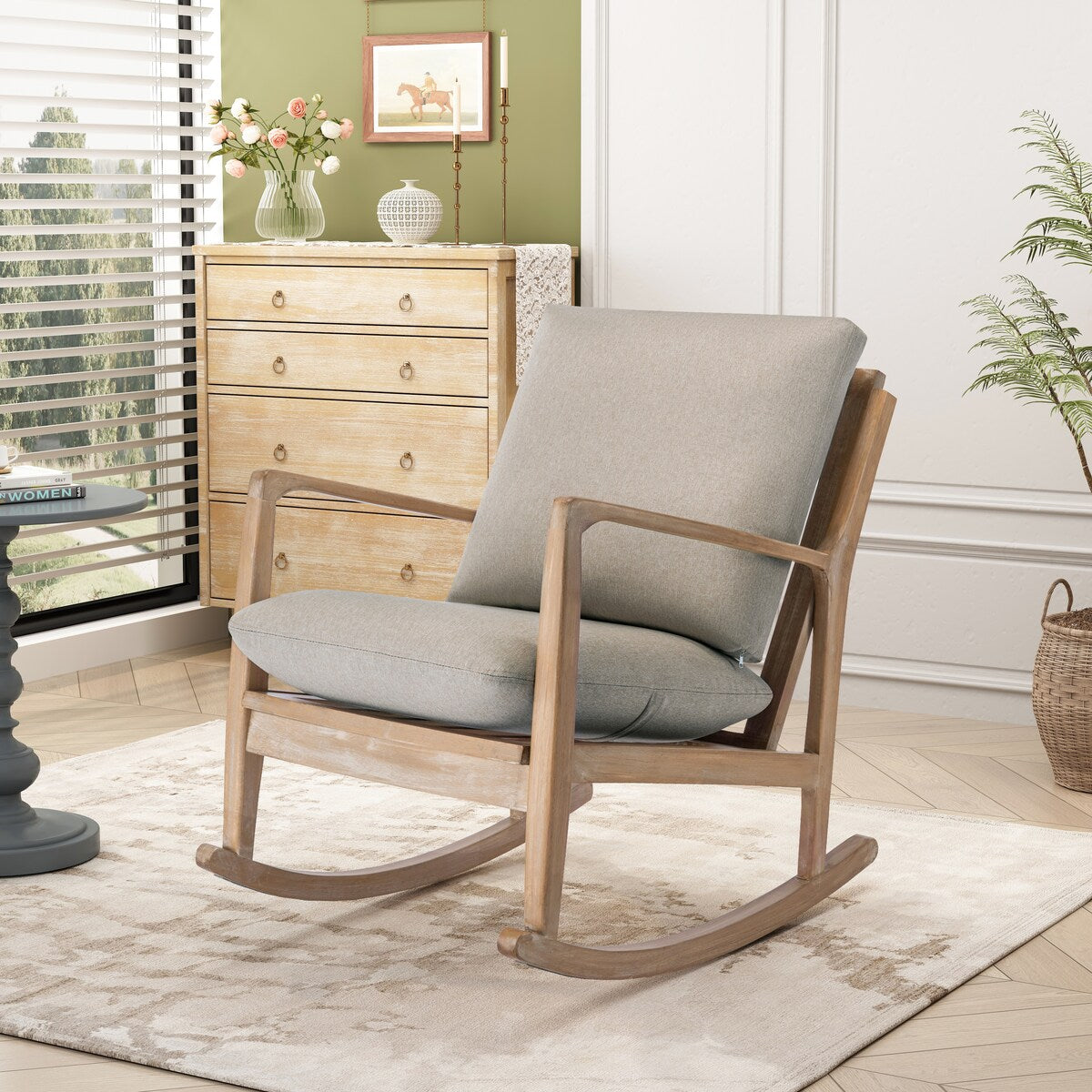 Solid Wood Rocking Chair Nursery Chair, Linen Fabric Upholstered Comfy Accent Chair for Porch, Garden Patio, Balcony