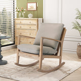 Solid Wood Rocking Chair Nursery Chair, Linen Fabric Upholstered Comfy Accent Chair for Porch, Garden Patio, Balcony