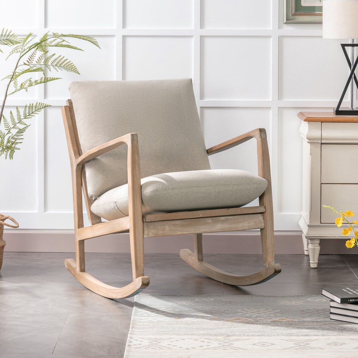 Solid Wood Rocking Chair Nursery Chair, Linen Fabric Upholstered Comfy Accent Chair for Porch, Garden Patio, Balcony