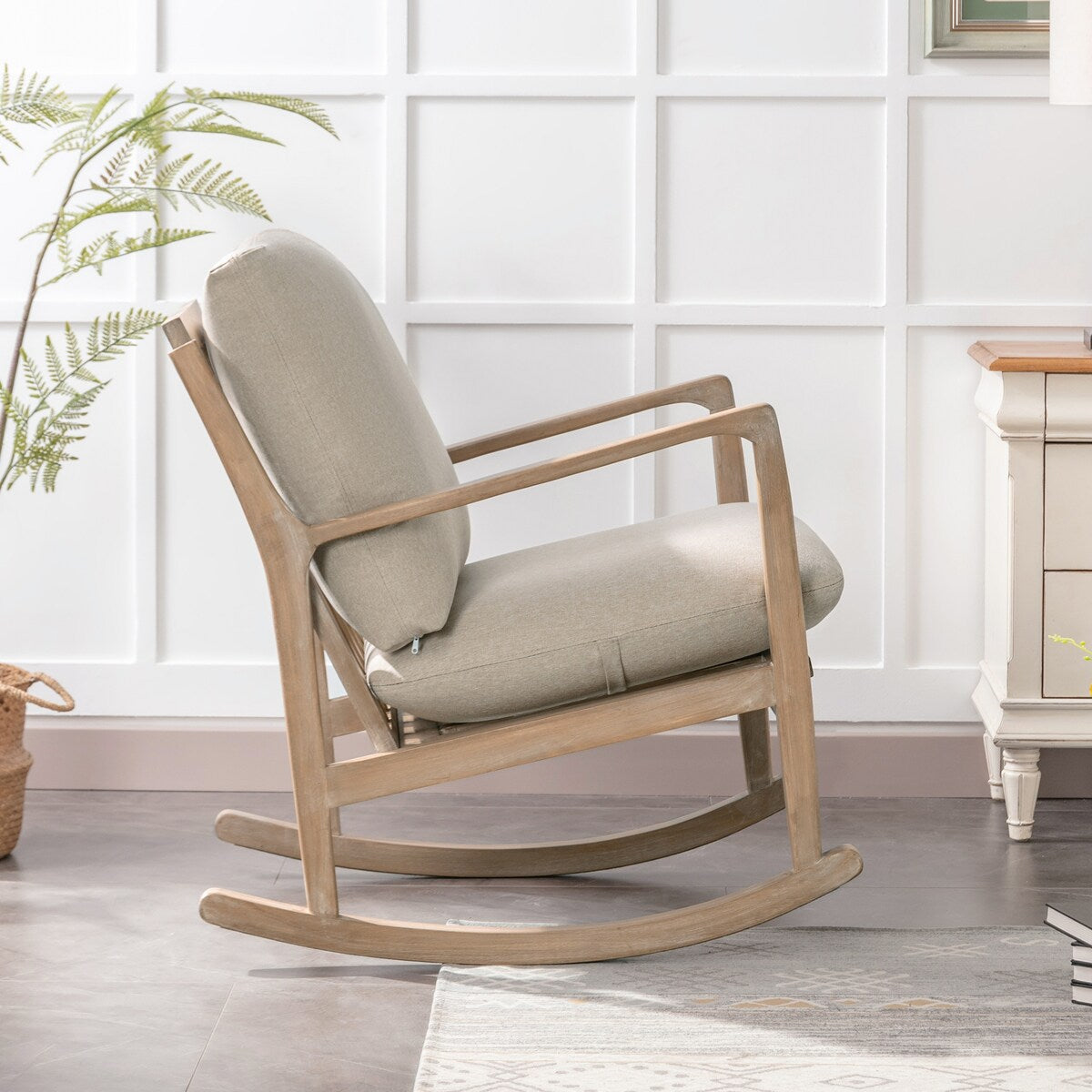 Solid Wood Rocking Chair Nursery Chair, Linen Fabric Upholstered Comfy Accent Chair for Porch, Garden Patio, Balcony