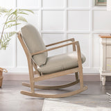Solid Wood Rocking Chair Nursery Chair, Linen Fabric Upholstered Comfy Accent Chair for Porch, Garden Patio, Balcony