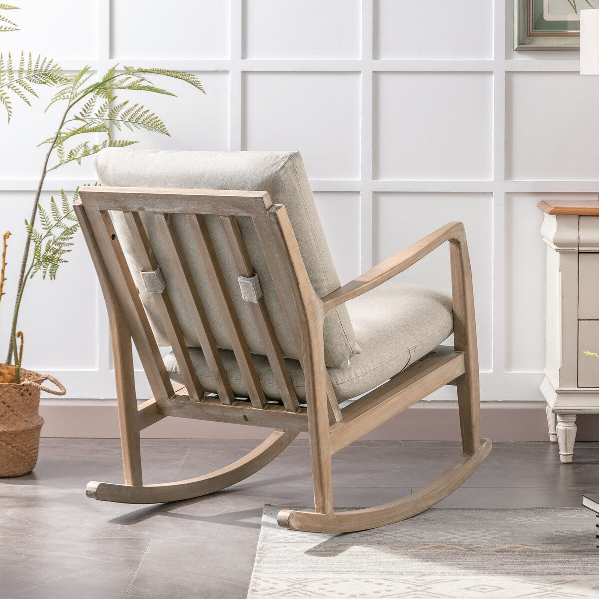 Solid Wood Rocking Chair Nursery Chair, Linen Fabric Upholstered Comfy Accent Chair for Porch, Garden Patio, Balcony