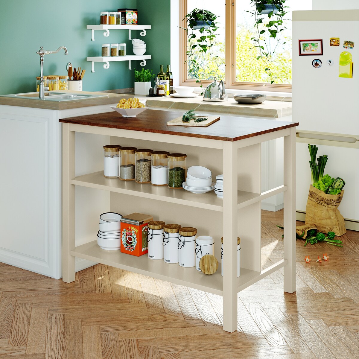 Solid Wood Rustic 45" Stationary Kitchen Island Featuring Open Prep Top, Full-Length Shelves and Dining Table Functionality