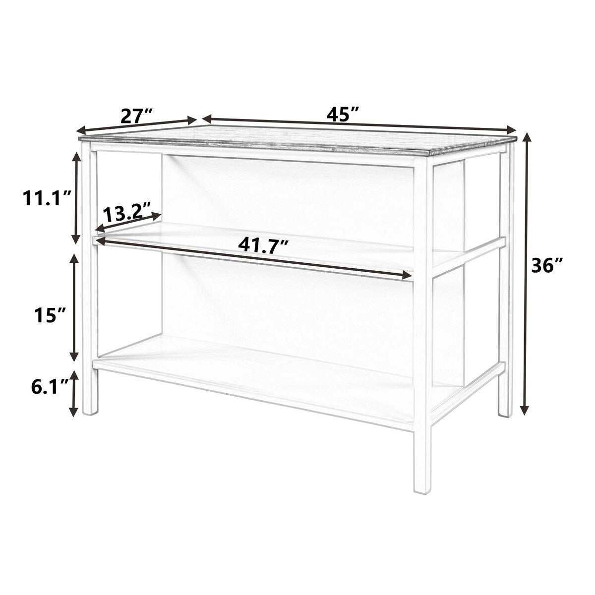 Solid Wood Rustic 45" Stationary Kitchen Island Featuring Open Prep Top, Full-Length Shelves and Dining Table Functionality
