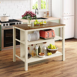 Solid Wood Rustic 45" Stationary Kitchen Island Featuring Open Prep Top, Full-Length Shelves and Dining Table Functionality