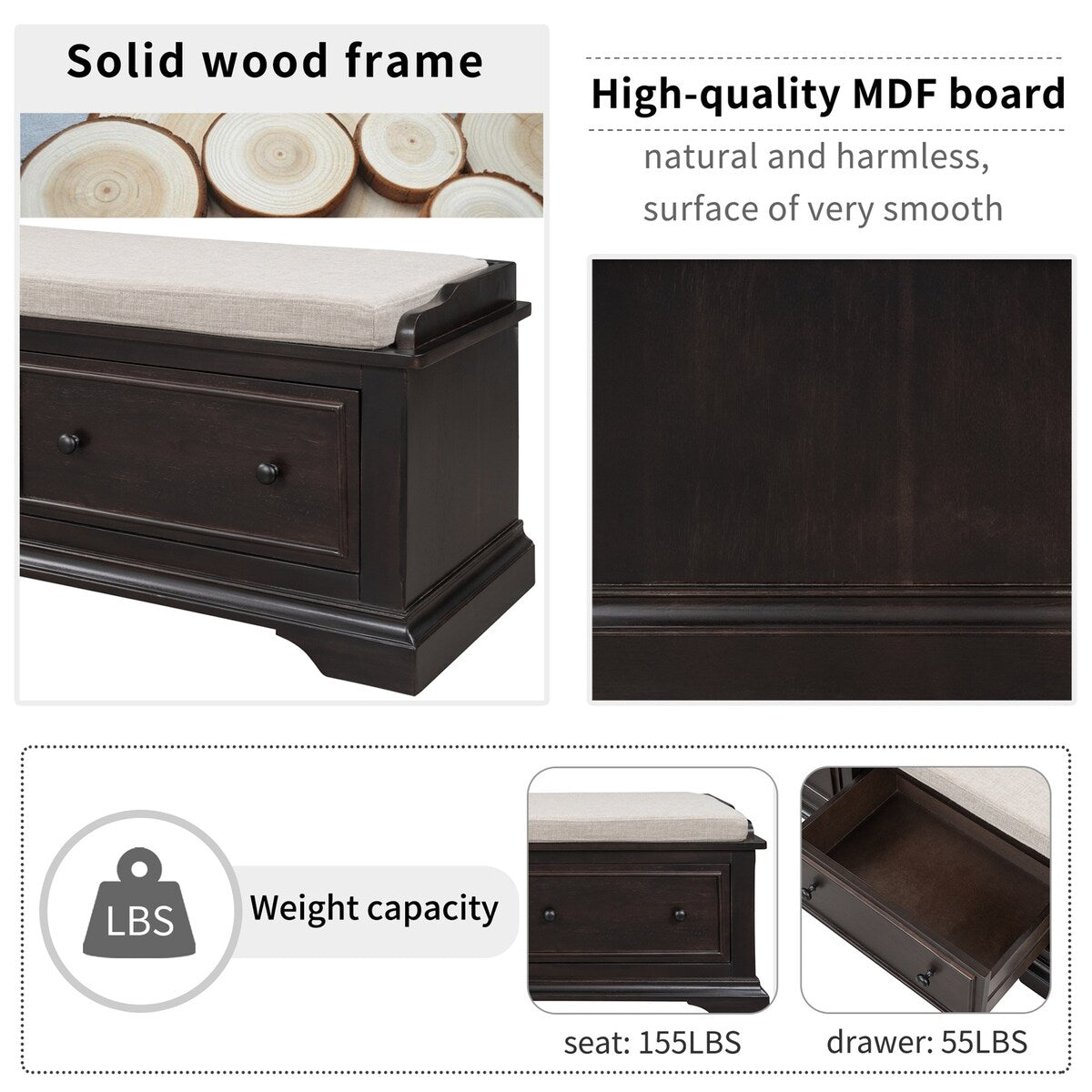 Solid Wood Shoe Bench with Two Large Drawers and Removable Cushion, Fully Assembled