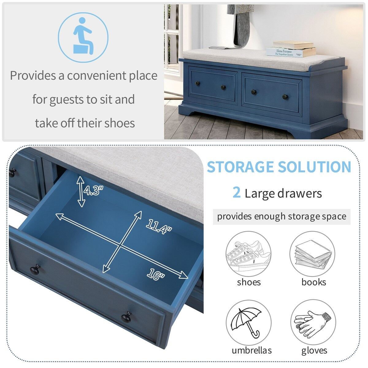 Solid Wood Shoe Bench with Two Large Drawers and Removable Cushion, Fully Assembled