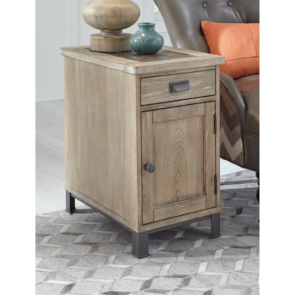 Wood Slate-top Chairside Cabinet
