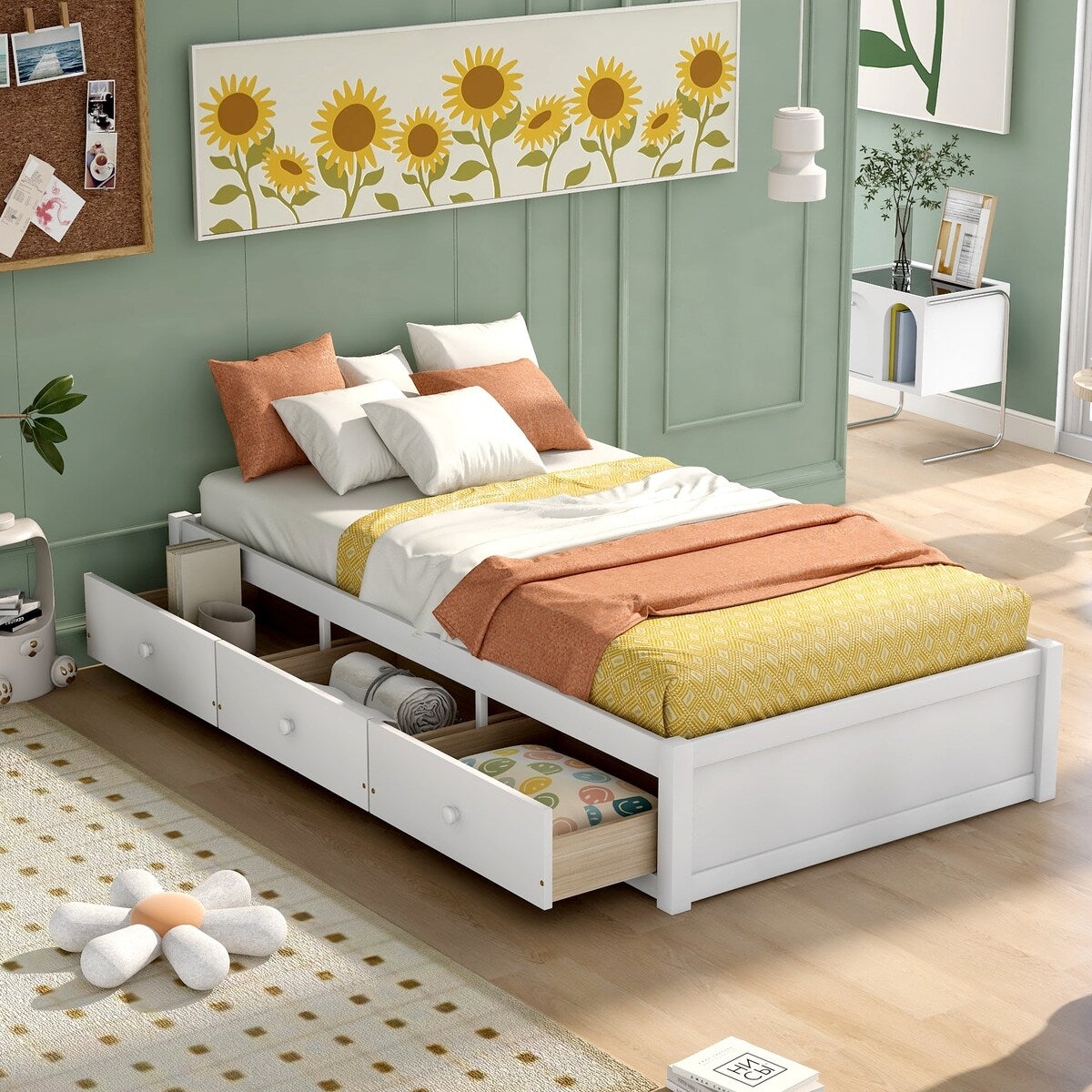 Solid Wood Sofa Platform Bed Frame, Twin Size 3-Drawers Minimalist Platform Storage Bed, Twin Daybed for Storage Organization