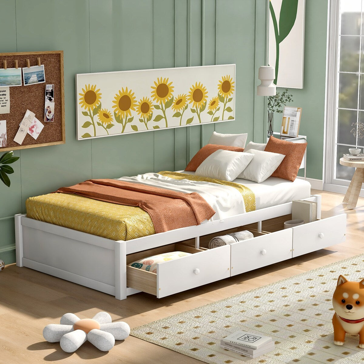 Solid Wood Sofa Platform Bed Frame, Twin Size 3-Drawers Minimalist Platform Storage Bed, Twin Daybed for Storage Organization
