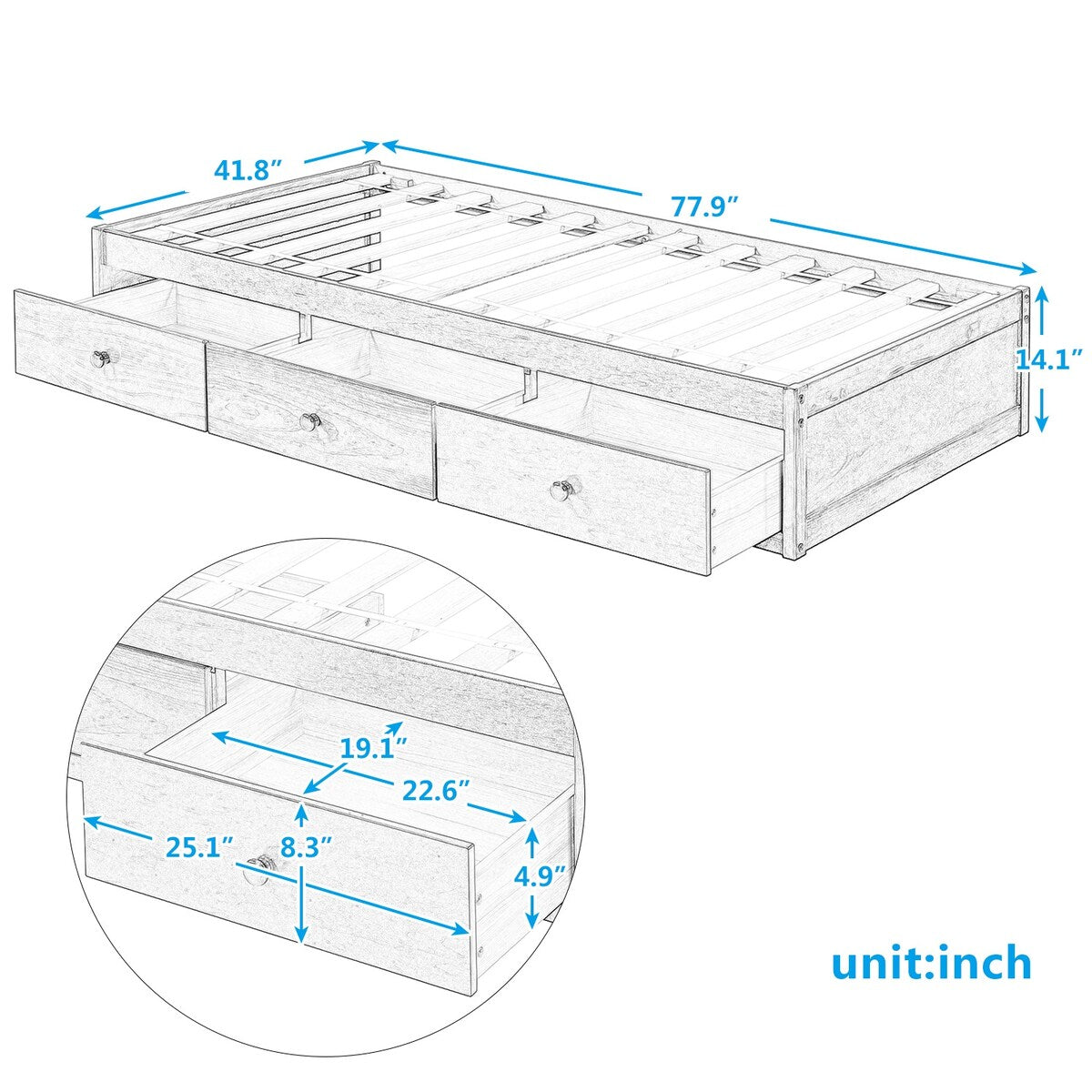 Solid Wood Sofa Platform Bed Frame, Twin Size 3-Drawers Minimalist Platform Storage Bed, Twin Daybed for Storage Organization