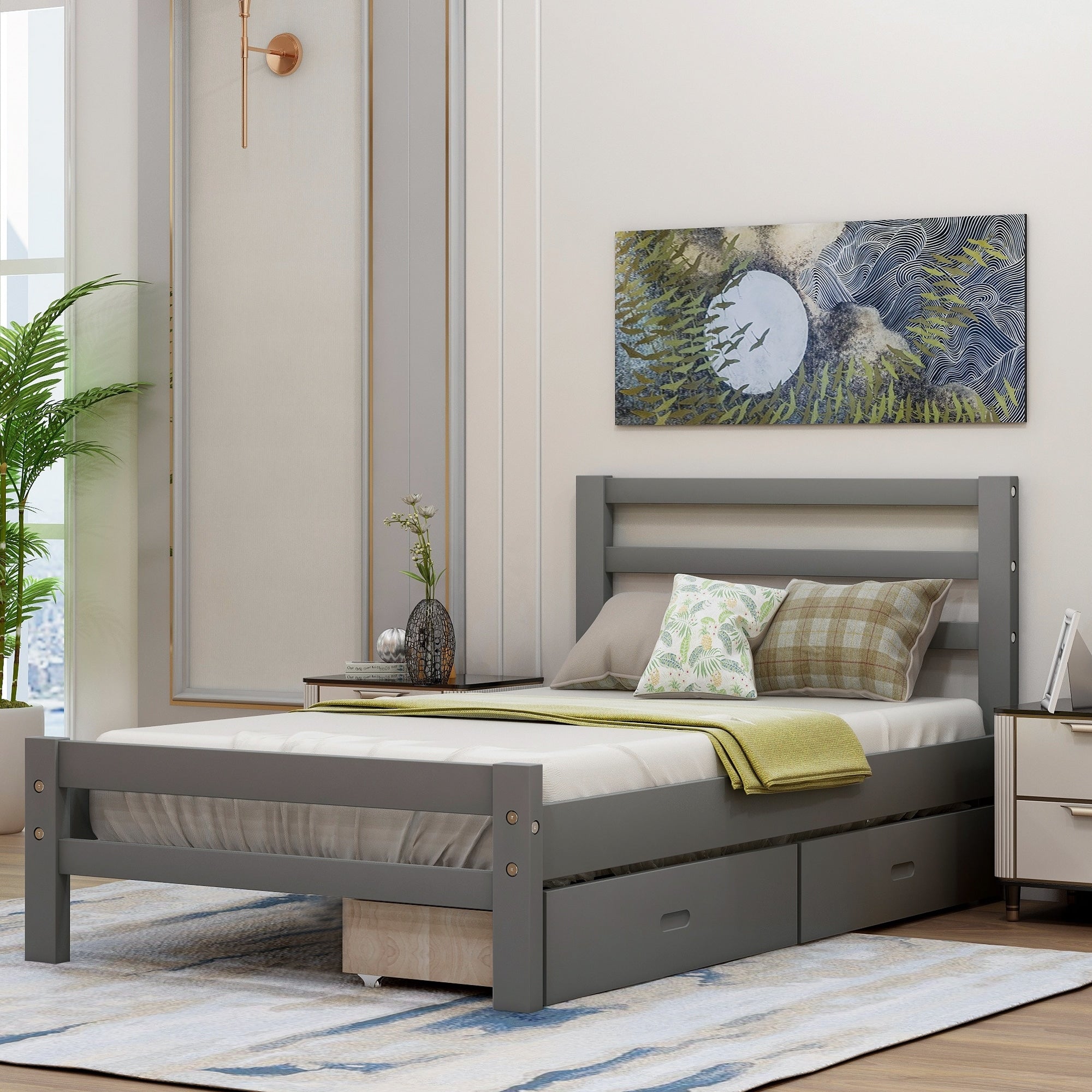 Solid Wood Twin Bed Frame Wood Platform Bed with Two Drawers Storag Overstock