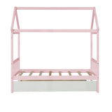 Solid Wood Twin House Bed Frame with Twin Size Trundle For White Color, No Box Spring Needed