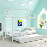 Solid Wood Twin House Bed Frame with Twin Size Trundle For White Color, No Box Spring Needed