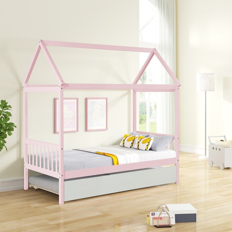 Solid Wood Twin House Bed Frame with Twin Size Trundle For White Color, No Box Spring Needed