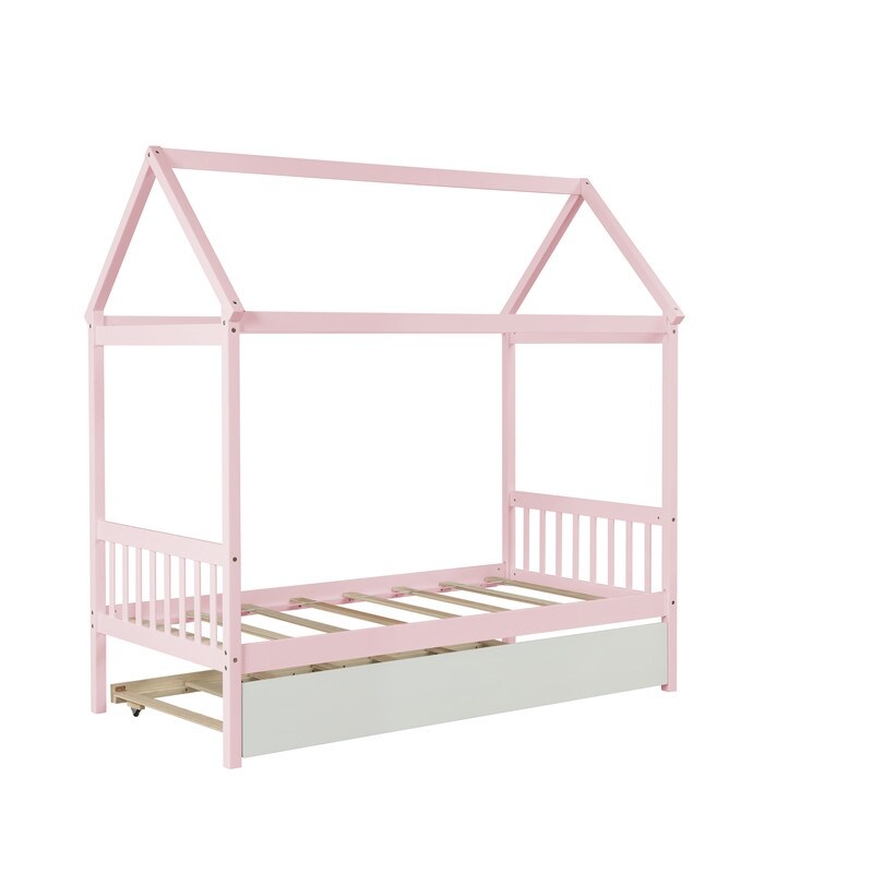 Solid Wood Twin House Bed Frame with Twin Size Trundle For White Color, No Box Spring Needed