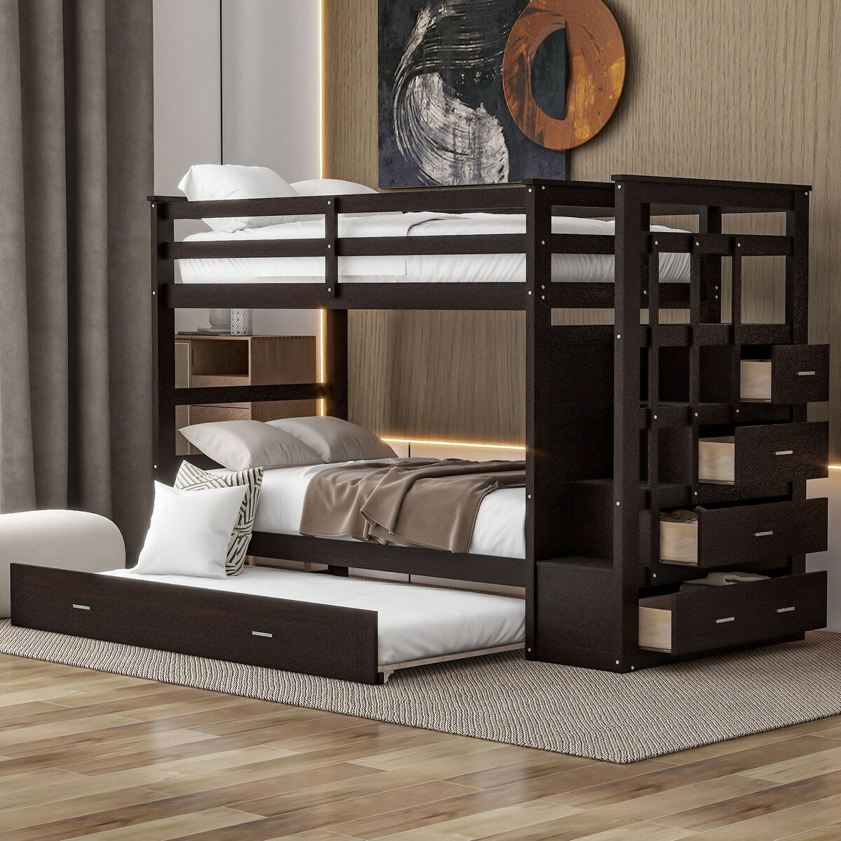 Solid Wood Twin Over Twin Bunk Bed, Trundle Bunk Beds with 4 Storage Drawers, Staircase and Safety Guard Rail