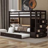 Solid Wood Twin Over Twin Bunk Bed, Trundle Bunk Beds with 4 Storage Drawers, Staircase and Safety Guard Rail