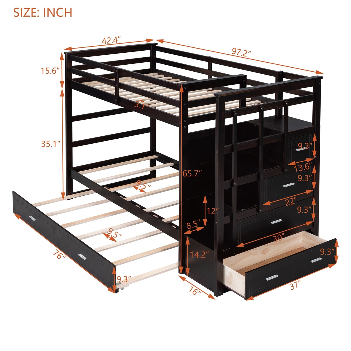 Solid Wood Twin Over Twin Bunk Bed, Trundle Bunk Beds with 4 Storage Drawers, Staircase and Safety Guard Rail