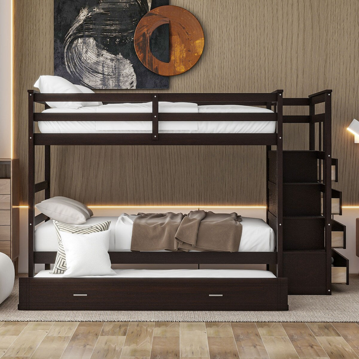 Solid Wood Twin Over Twin Bunk Bed, Trundle Bunk Beds with 4 Storage Drawers, Staircase and Safety Guard Rail