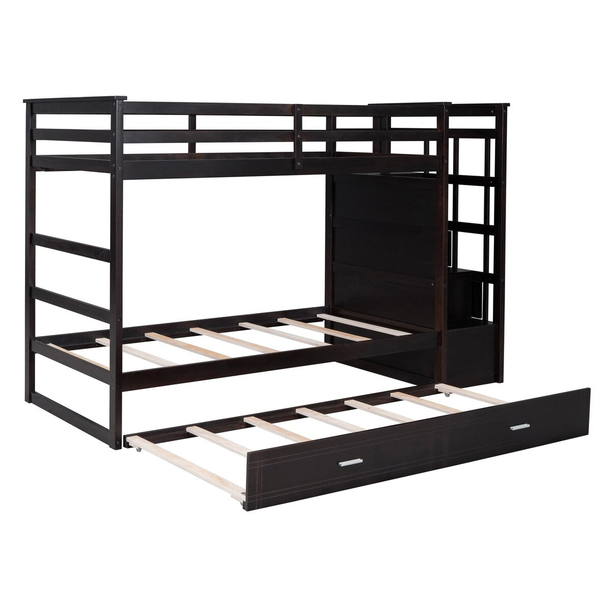 Solid Wood Twin Over Twin Bunk Bed, Trundle Bunk Beds with 4 Storage Drawers, Staircase and Safety Guard Rail