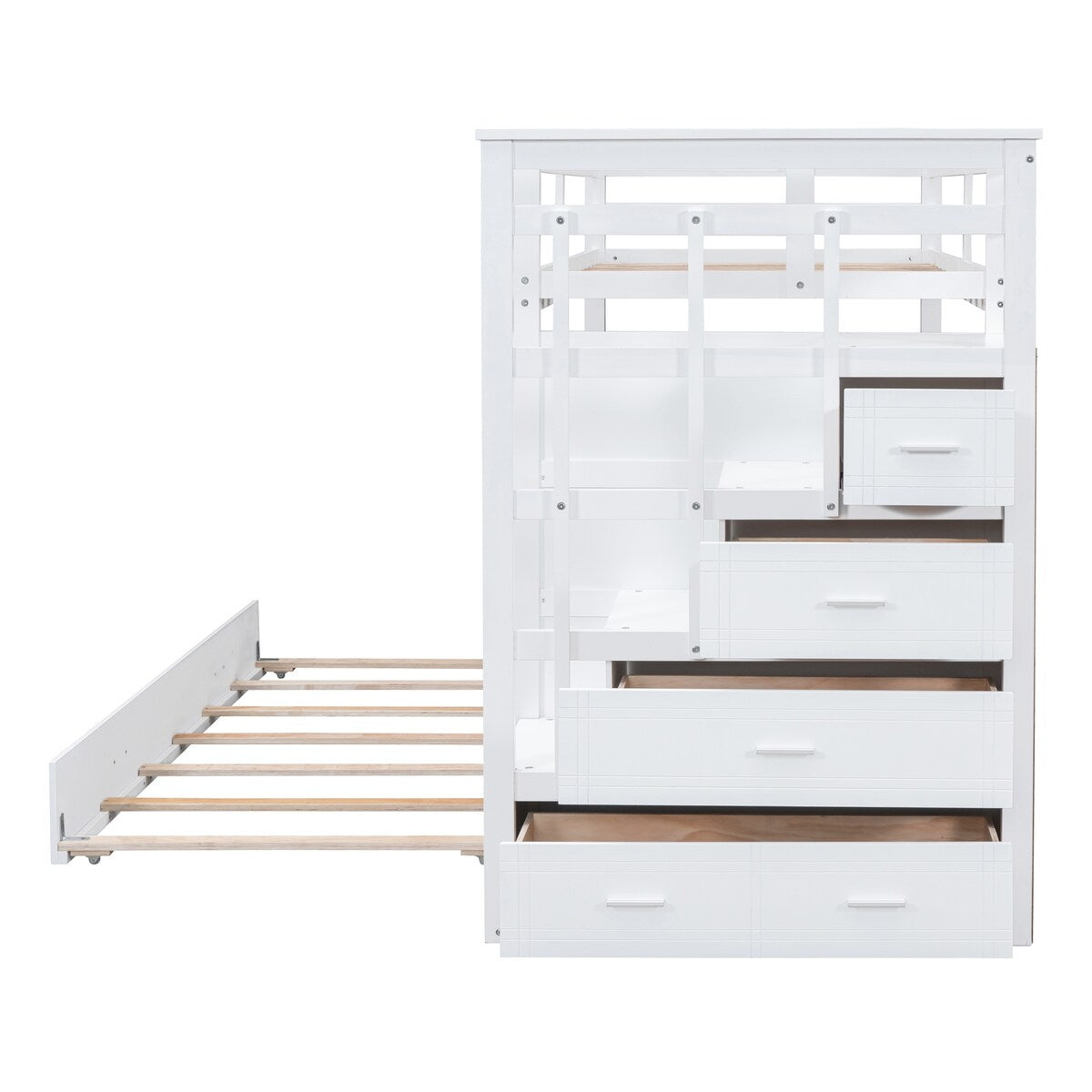 Solid Wood Twin Over Twin Bunk Bed, Trundle Bunk Beds with 4 Storage Drawers, Staircase and Safety Guard Rail