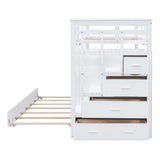 Solid Wood Twin Over Twin Bunk Bed, Trundle Bunk Beds with 4 Storage Drawers, Staircase and Safety Guard Rail