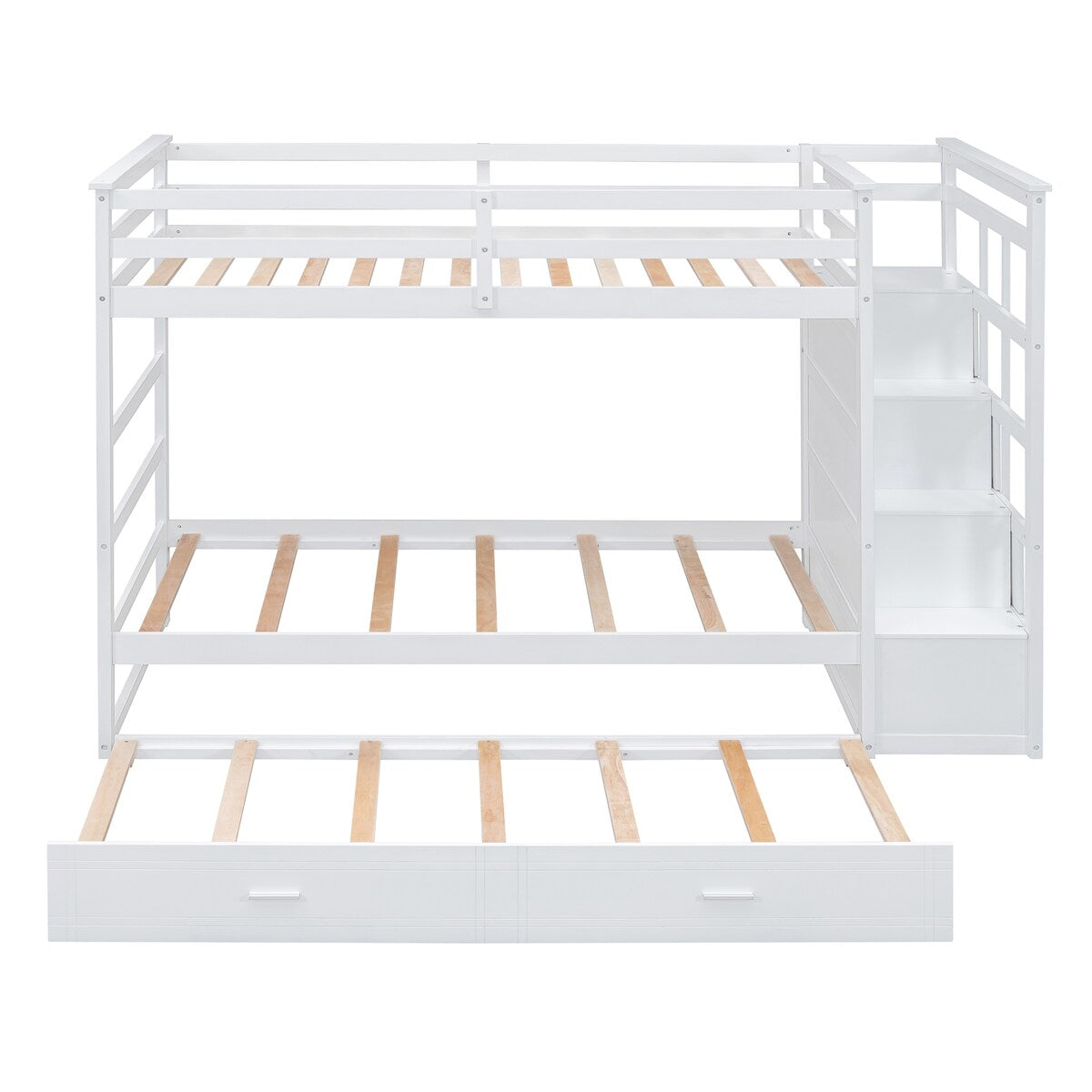 Solid Wood Twin Over Twin Bunk Bed, Trundle Bunk Beds with 4 Storage Drawers, Staircase and Safety Guard Rail